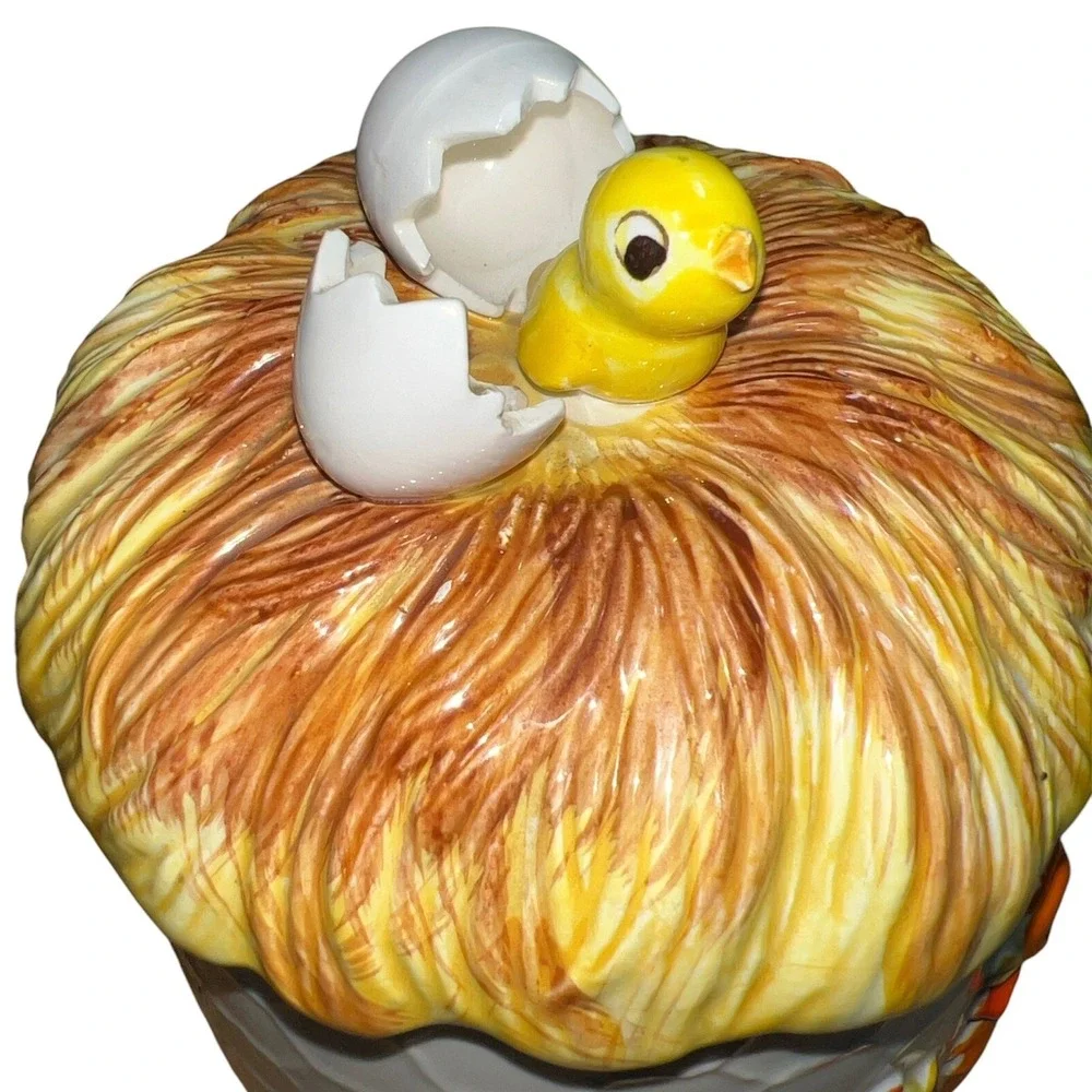 Vintage Sears 1976 Ceramic Chicken Nest Cookie Jar Farmhouse White Yellow Orange